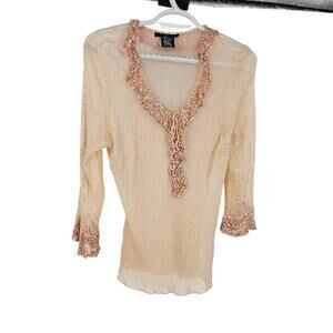 Vintage y2k ECI Blouse Top Orange 100% Silk Mesh Sheer Ruffle Crochet Size L